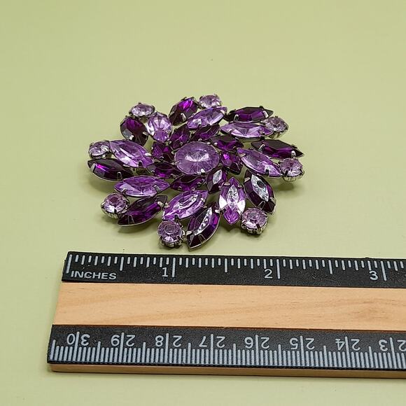 Vintage Purple Lavender Acrylic Rhinestone Brooch, 1990s, 2 1/4 Inches - Picture 6 of 10